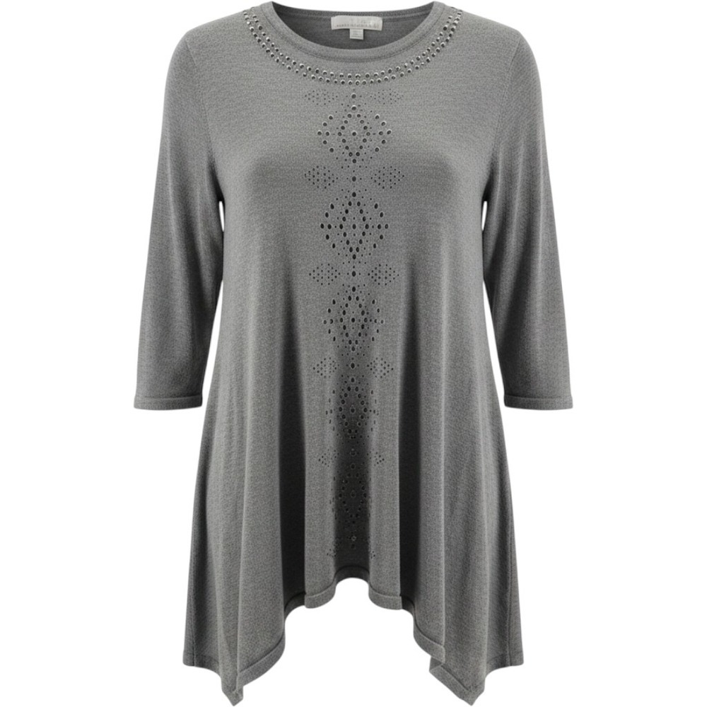 Carolyn Taylor Top Medium Gray Sharkbite Hem Studded Rhinestone Knit Sweater